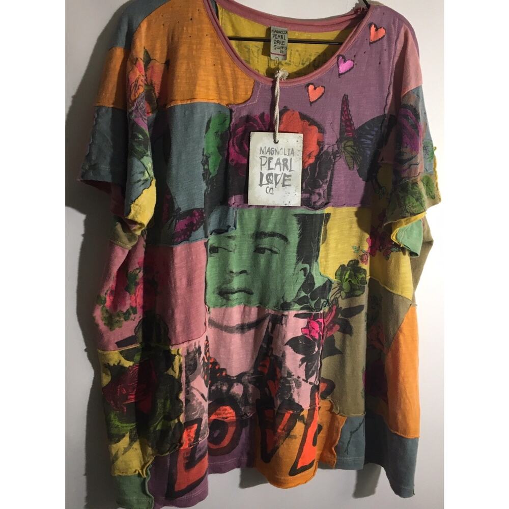 Magnolia Pearl Frida De La Paz Colorful Patchwork Short Sleeve Distress Tee